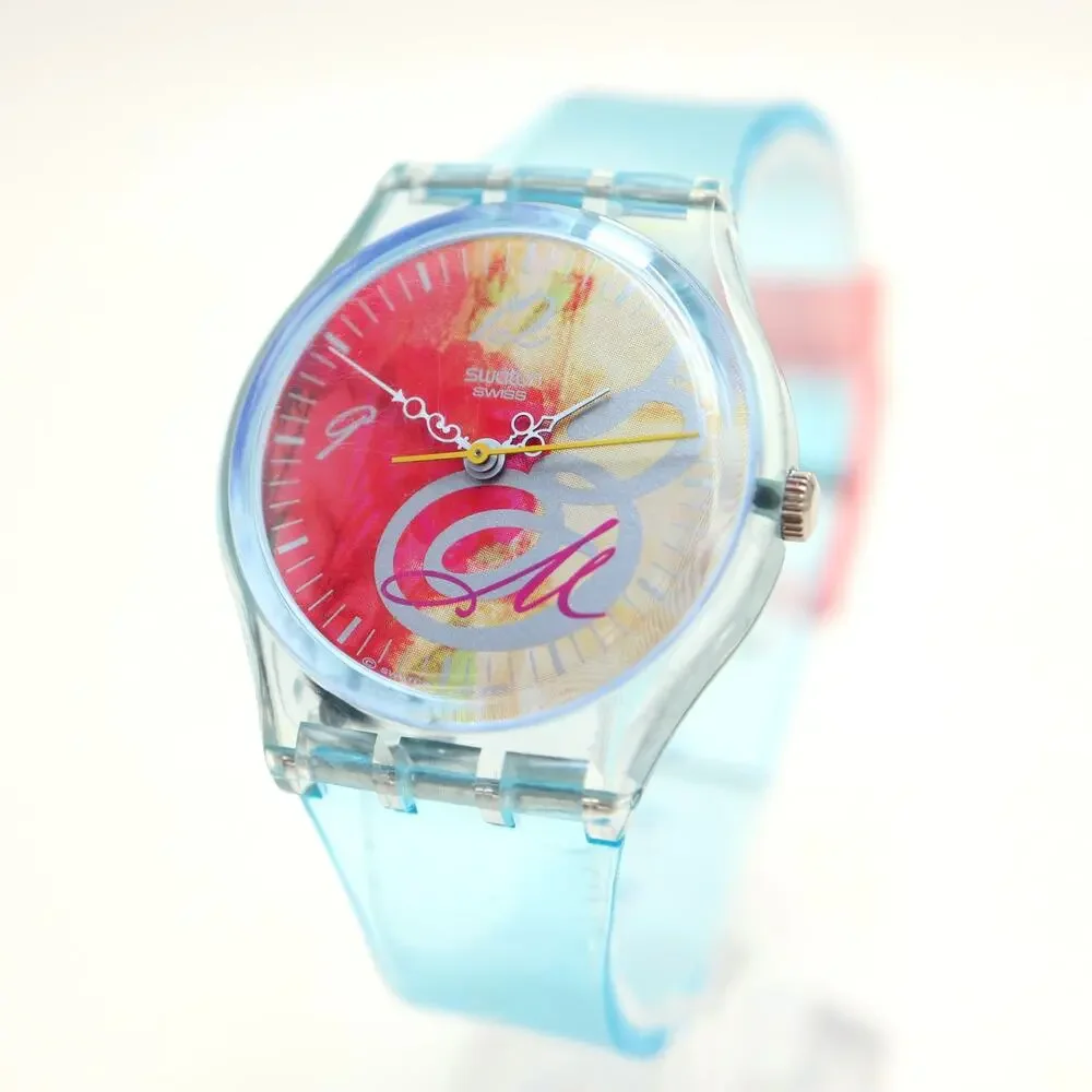 Swatch Bouquet Pour Maman Blue Pink 34mm Womens Watch Swiss Made w New Battery